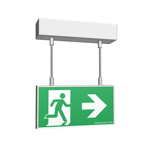 Form 20M Exit, Surface Ceiling Mount, Rod Suspended, CLP, DALI Emergency, All Pictograms, Double Sided, Brushed Aluminium Frame